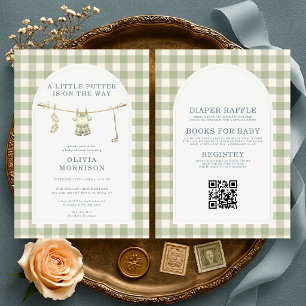 Invitation Baby-Shower Golf Gingham Vert Sauge Tout-en-un