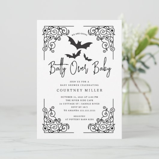 Invitation Baby shower gothique Batty (Debout devant)