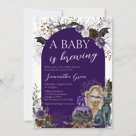 Invitation Baby shower gothique d'Halloween de fille violette (Devant)