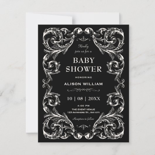 Invitation Baby shower gothique vintage noir (Devant)