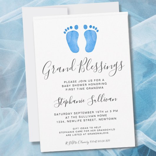 Invitation Baby shower grand-mère bleu pieds bébé