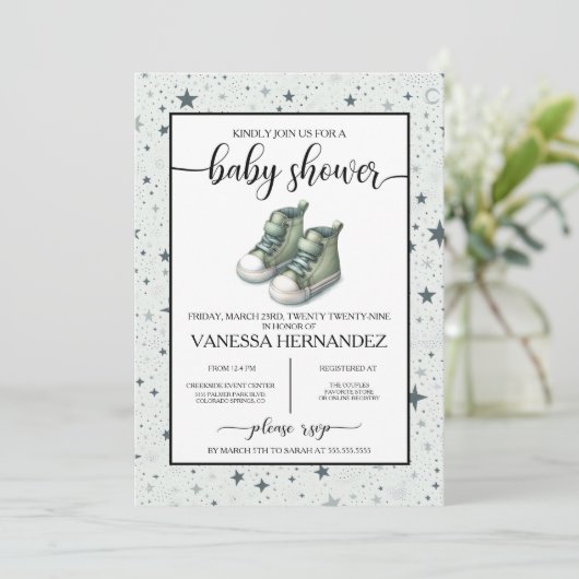 Invitation Baby shower Green Baby High Tops (Debout devant)