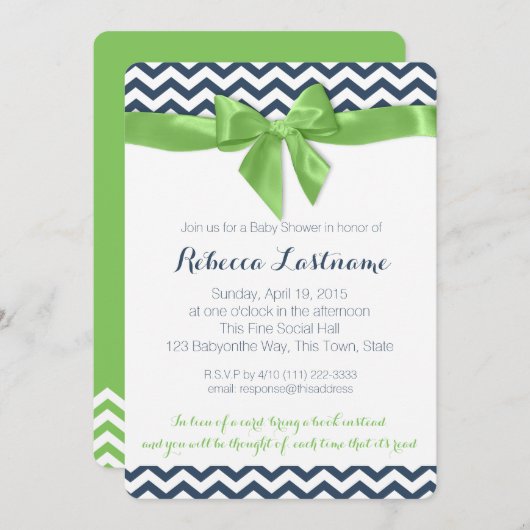 Invitation Baby shower Green Bow et Zigzag (Devant / Derrière)