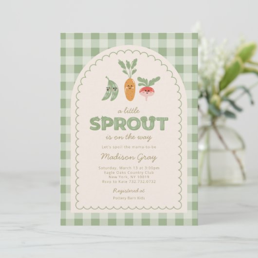 Invitation Baby shower Green En vichy Little Sprout sur le ch (Debout devant)