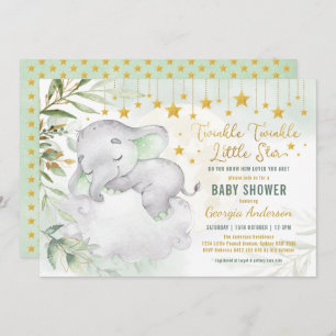 Invitation Baby shower Green Gold Elephant Moon Stars