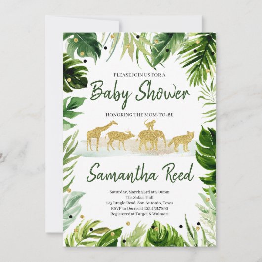 Invitation Baby shower Green Gold Safari Jungle (Devant)