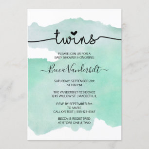 Invitation Baby shower Green Watercolor Twins