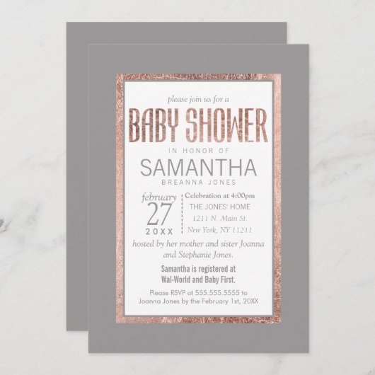Invitation Baby shower gris ardoise simple Rose or (Devant / Derrière)