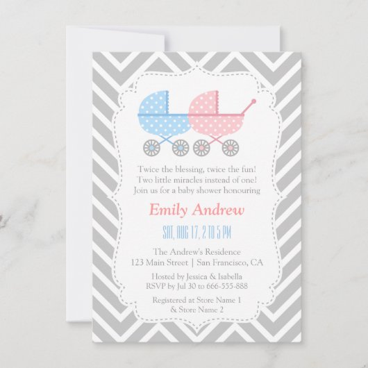 Invitation Baby shower gris de jumeaux de poussettes de (Devant)