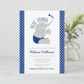 Invitation Baby shower gris doux d'éléphant de bleu marine (Debout devant)
