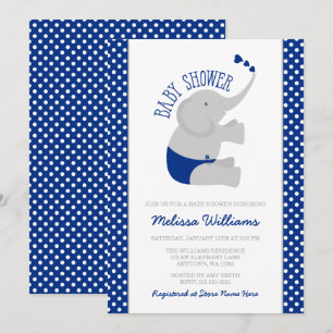 Invitation Baby shower gris doux d'éléphant de bleu marine