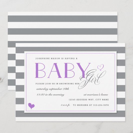 Invitation Baby shower gris et blanc + Lavande violet (Devant / Derrière)