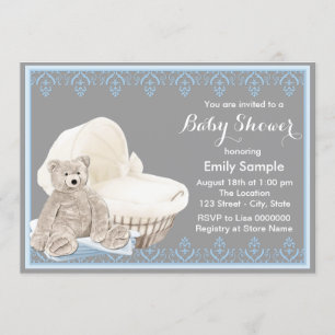 Invitation Baby shower gris et bleu d'ours de nounours
