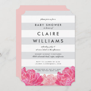 Invitation Baby shower Gris et pivoine rose