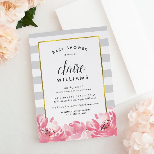 Invitation Baby shower Gris et pivoine rose