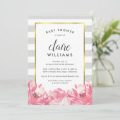 Invitation Baby shower Gris et pivoine rose (Debout devant)