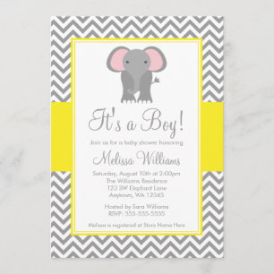 Invitation Baby shower gris jaune de l'éléphant Chevron