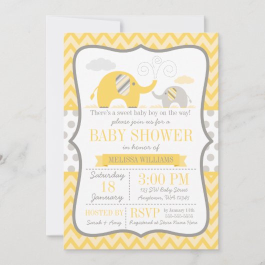 Invitation Baby shower gris jaune éléphant (Devant)