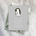 Invitation Baby shower gris neutre maman et bébé pingouin<br><div class="desc">Un thème de baby shower d'hiver avec une illustration d'une maman et d'un pingouin bébé entourés de flocons de neige. L'Arrière - plan est gris. Customisez le texte avec les détails de votre occasion.</div>