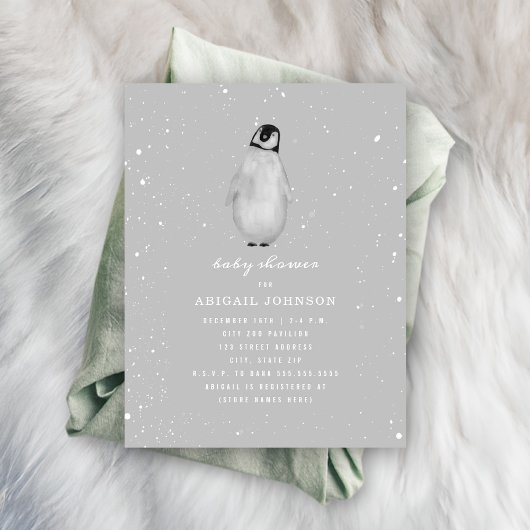 Invitation Baby shower gris neutre pour bébé pingouin