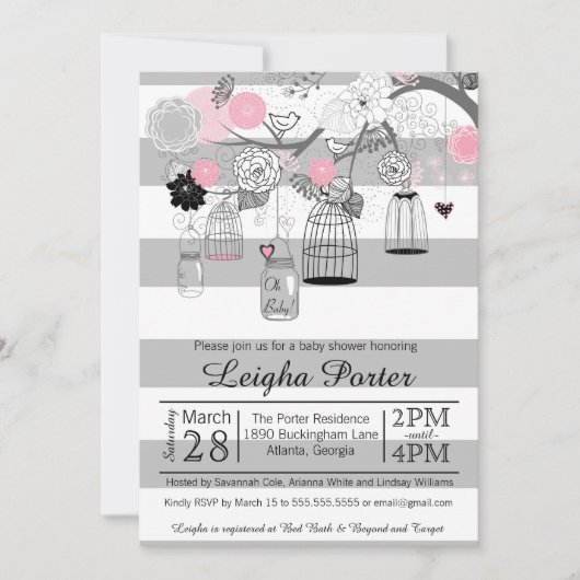 Invitation Baby shower gris noir rose de fille de cages à (Devant)