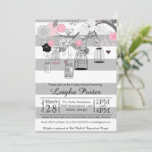 Invitation Baby shower gris noir rose de fille de cages à (Debout devant)