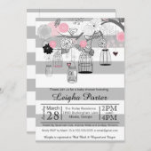 Invitation Baby shower gris noir rose de fille de cages à (Devant / Derrière)