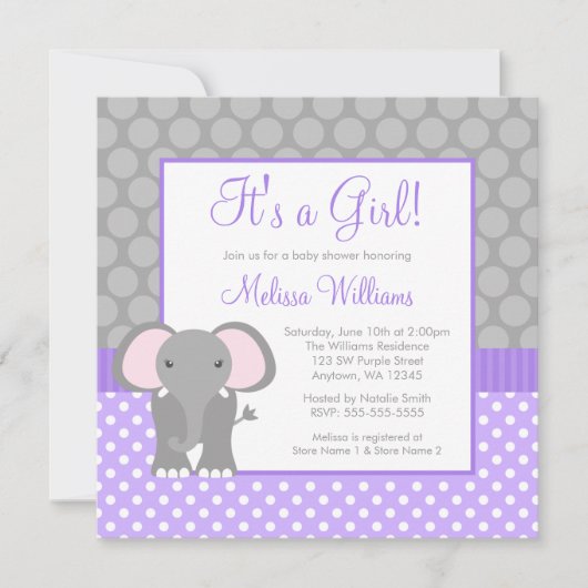 Invitation Baby shower gris pourpre de fille de point de (Devant)