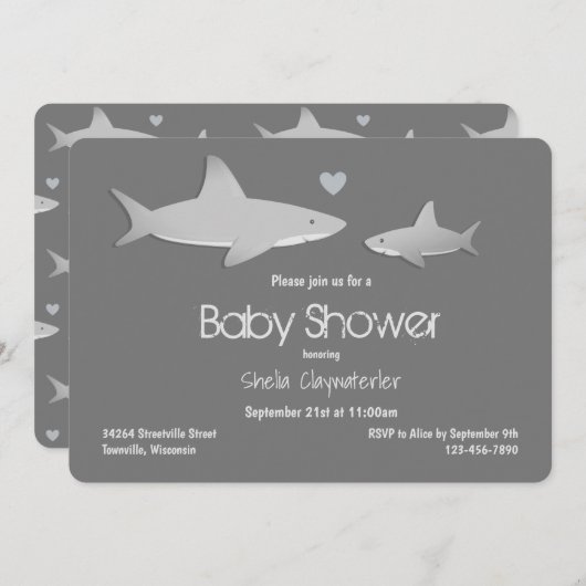 Invitation Baby shower gris requin mignon (Devant / Derrière)