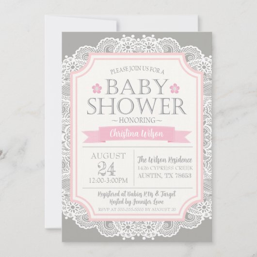 Invitation Baby shower gris rose et dentelle (Devant)