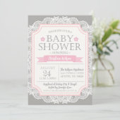Invitation Baby shower gris rose et dentelle (Debout devant)