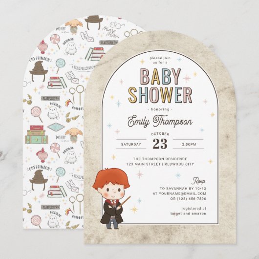 Invitation Baby Shower Harry Potter Chibi Ron Weasley Magicie (Devant / Derrière)