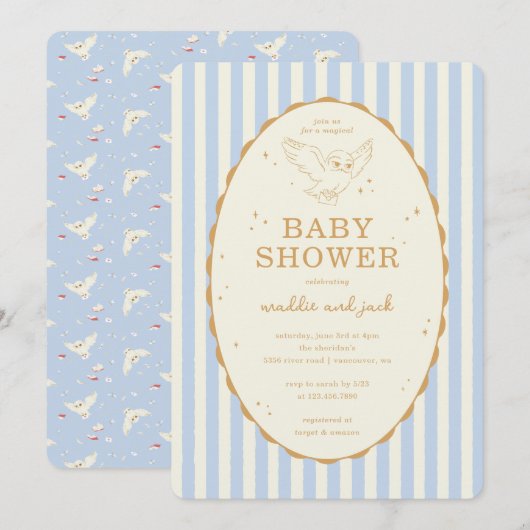 Invitation Baby Shower Harry Potter Hedwig Rayures Bleues (Devant / Derrière)