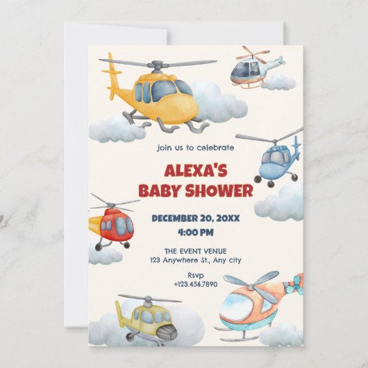Invitation baby shower hélicoptère coloré (Devant)