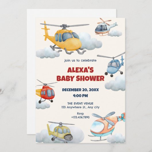 Invitation baby shower hélicoptère coloré (Devant / Derrière)