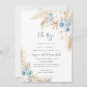 Invitation Baby Shower Herbe de Pampas Bleu Boho (Devant)