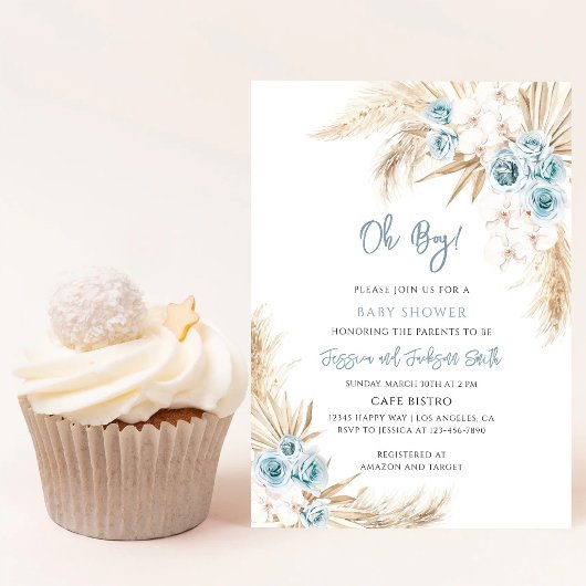 Invitation Baby Shower Herbe de Pampas Bleu Boho