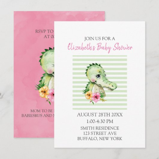 Invitation Baby shower Hibiscus d'aquarelle de l'alligator (Devant / Derrière)