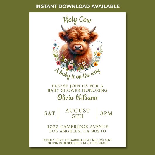 Invitation Baby shower Highland Cow Fleur sauvage d'aquarelle