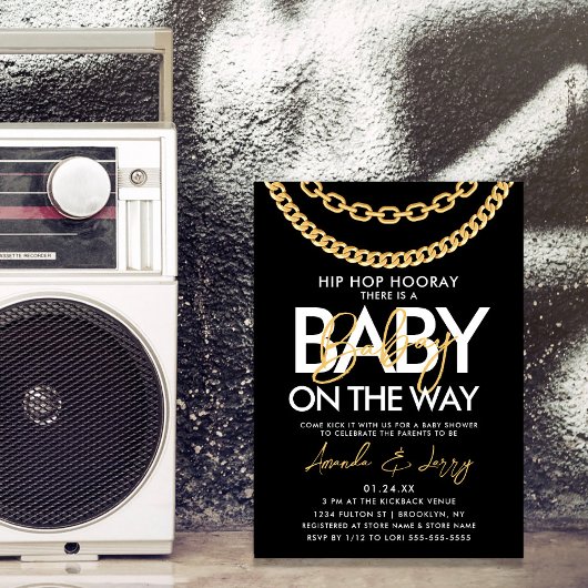 Invitation Baby shower Hip hop noir et or