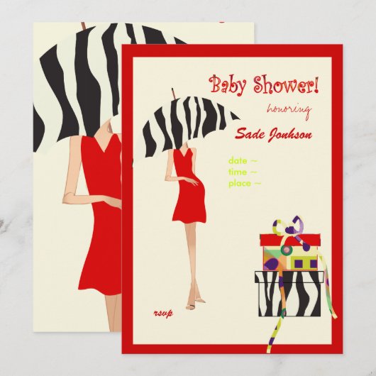 Invitation Baby shower Hip Mama/ robe rouge / rayures zèbres (Devant / Derrière)