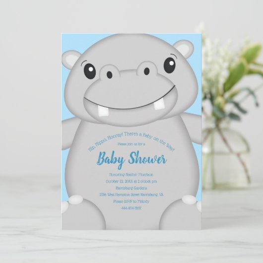 Invitation Baby shower Hippo bleu (Debout devant)