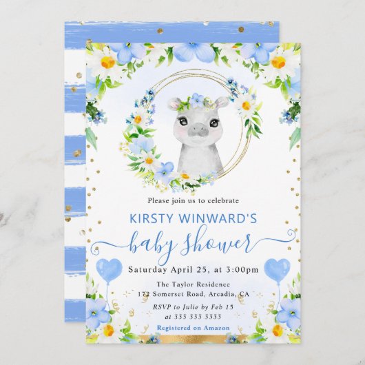 Invitation Baby shower Hippo de la Jungle d'Aquarelle (Devant / Derrière)