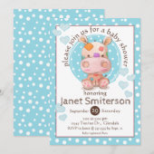 Invitation Baby shower Hippo en Patchwork, bleu (Devant / Derrière)