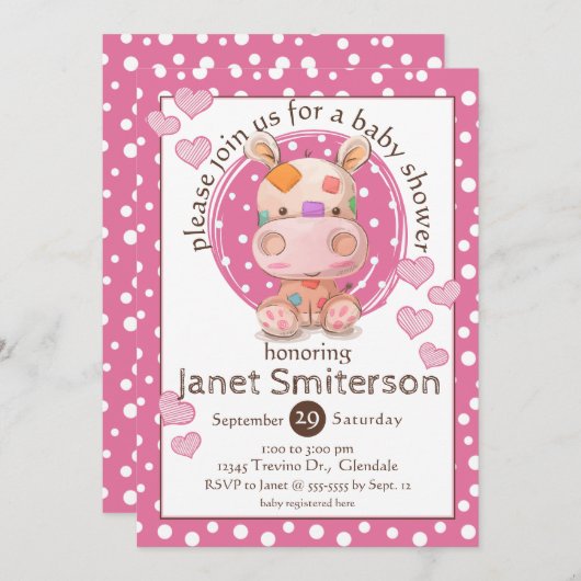 Invitation Baby shower Hippo en Patchwork, rose (Devant / Derrière)