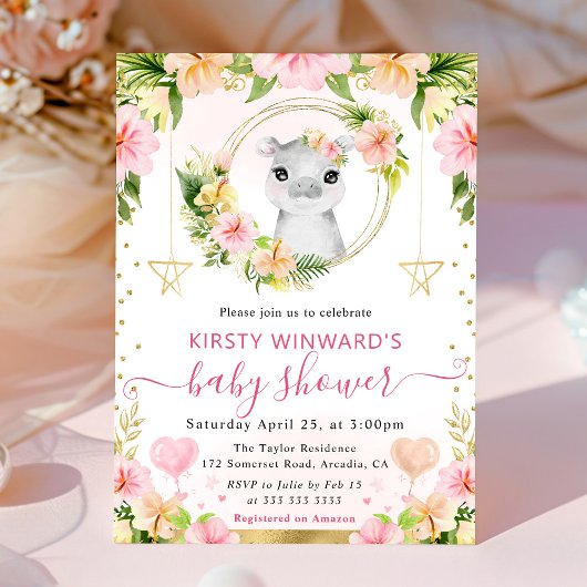 Invitation Baby shower Hippo Jungle rose pâle