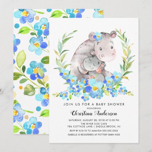 Invitation Baby shower Hippo Maman & Baby (Devant / Derrière)