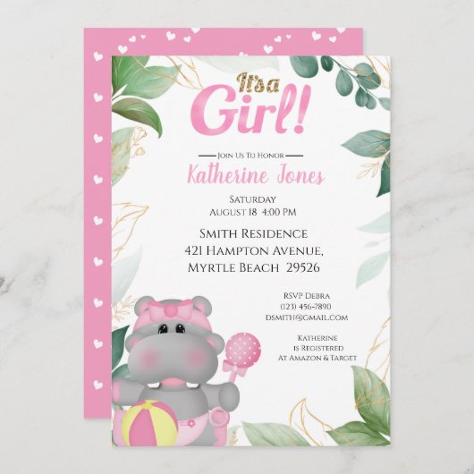 Invitation Baby shower Hippo Or Rose Cute (Devant / Derrière)