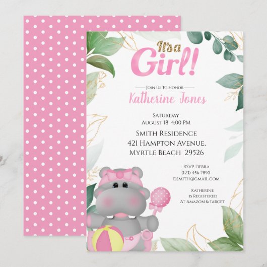 Invitation Baby shower Hippo Or Rose Cute (Devant / Derrière)