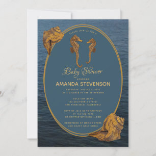 Invitation Baby Shower Hippocampes Or Océan Bleu Thème Marin